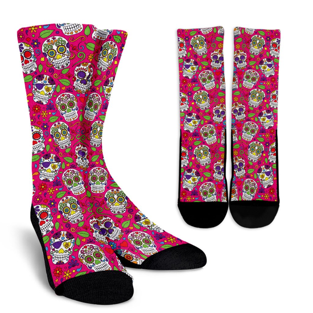 Pink Sugar Skull Pattern Print Crew Socks