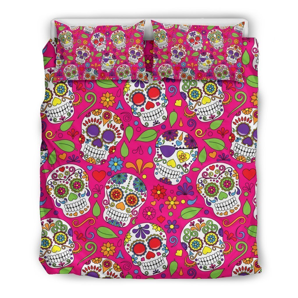 Pink Sugar Skull Pattern Print Duvet Cover Bedding Set