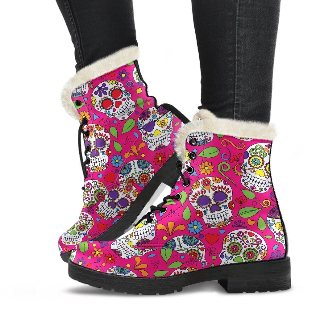 Pink Sugar Skull Pattern Print Faux Fur Leather Boots