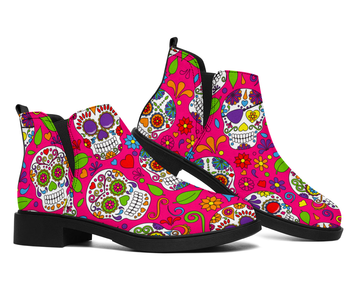 Pink Sugar Skull Pattern Print Flat Ankle Boots