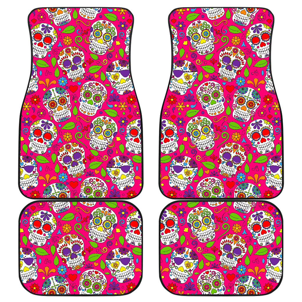 Pink Sugar Skull Pattern Print Front and Back Car Floor Mats