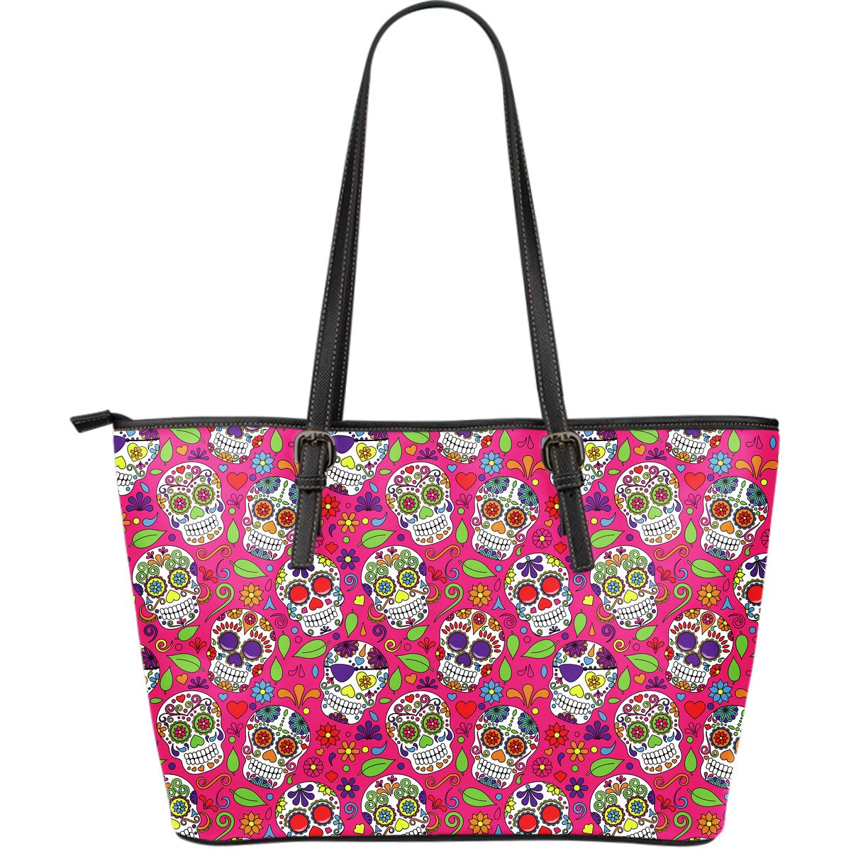 Pink Sugar Skull Pattern Print Leather Tote Bag