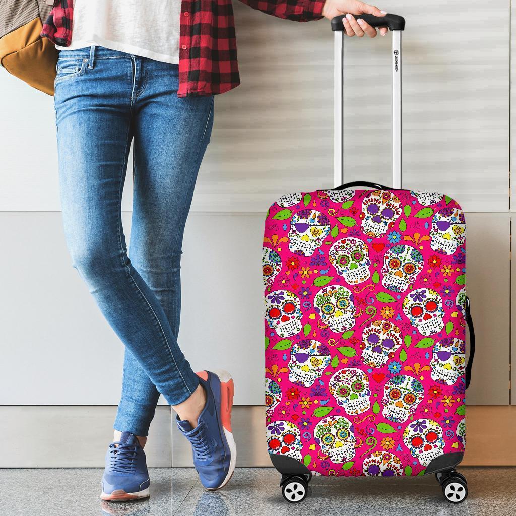 Pink Sugar Skull Pattern Print Luggage Cover