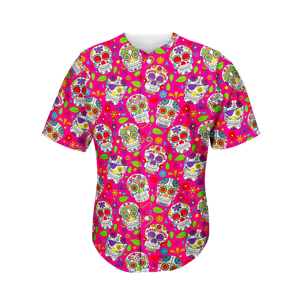 Pink Sugar Skull Pattern Print Men's Baseball Jersey