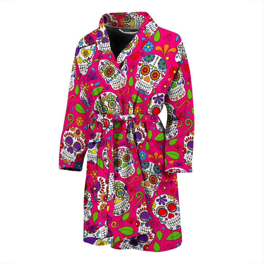 Pink Sugar Skull Pattern Print Men's Bathrobe