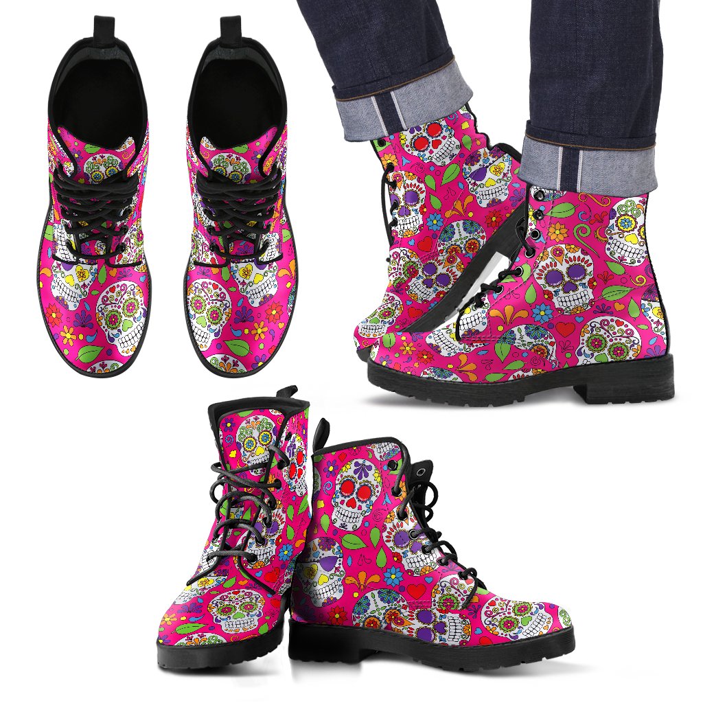 Pink Sugar Skull Pattern Print Men's Boots