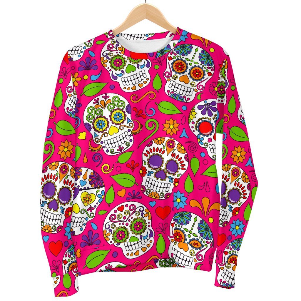 Pink Sugar Skull Pattern Print Men's Crewneck Sweatshirt