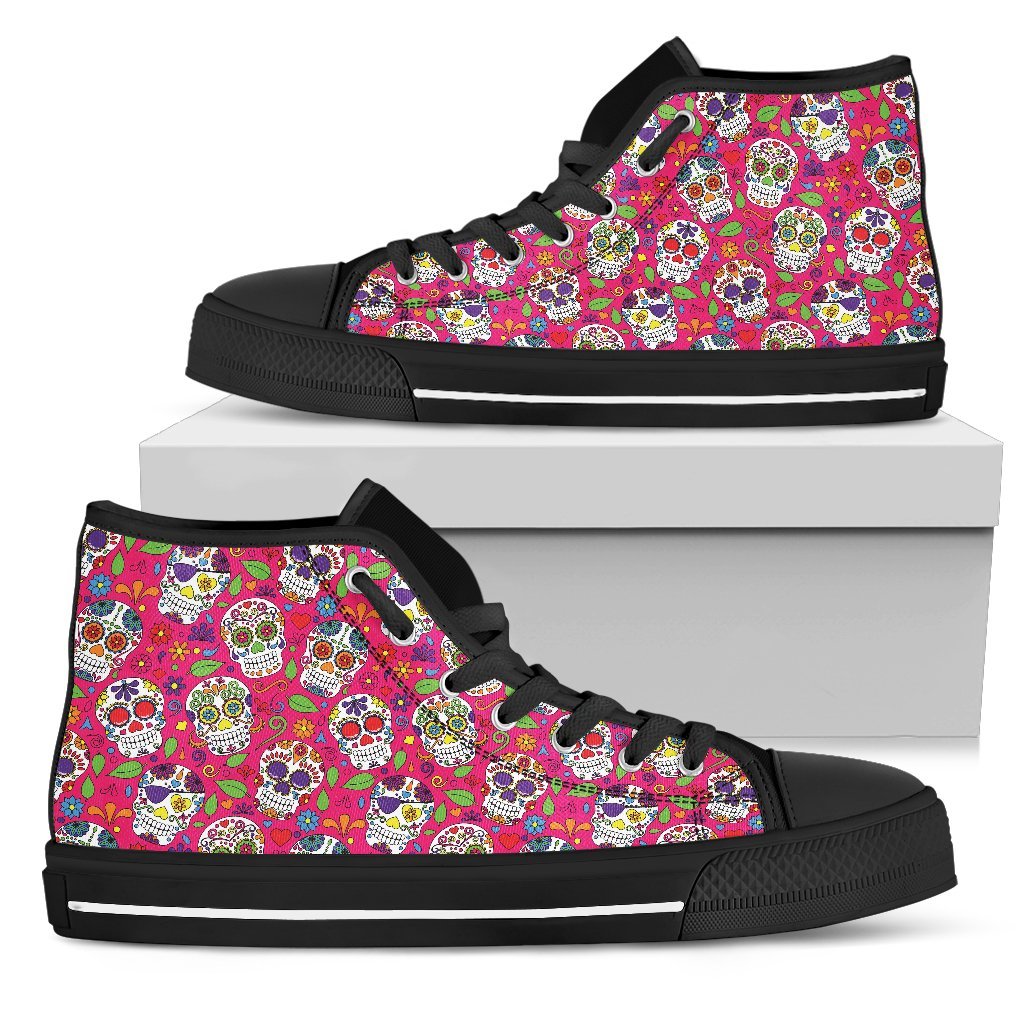 Pink Sugar Skull Pattern Print Men's High Top Shoes