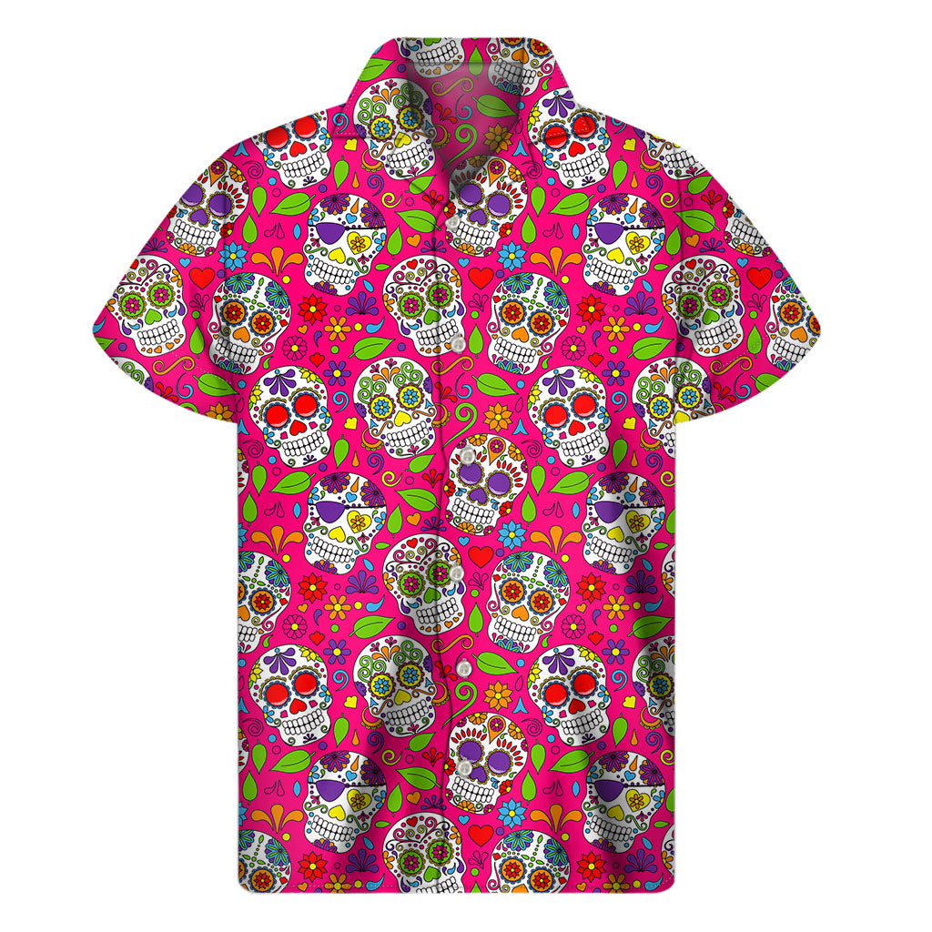 Pink Sugar Skull Pattern Print Men's Short Sleeve Shirt