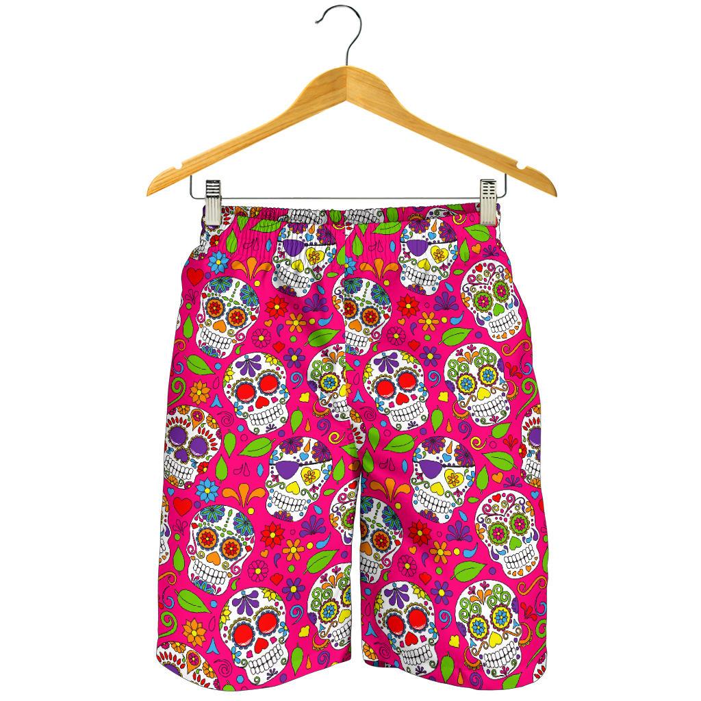 Pink Sugar Skull Pattern Print Men's Shorts