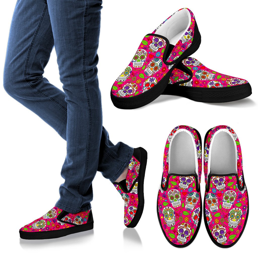 Pink Sugar Skull Pattern Print Men's Slip On Shoes