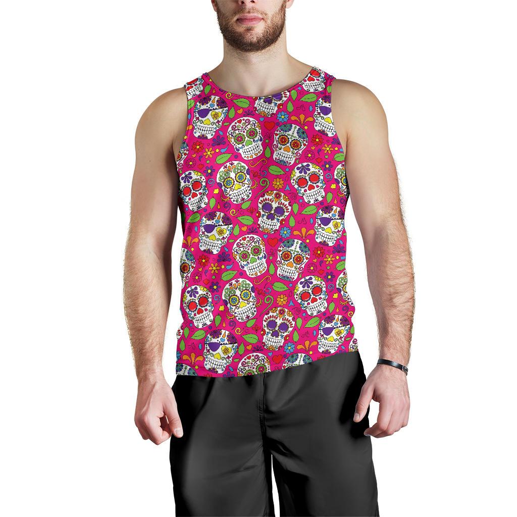 Pink Sugar Skull Pattern Print Men's Tank Top