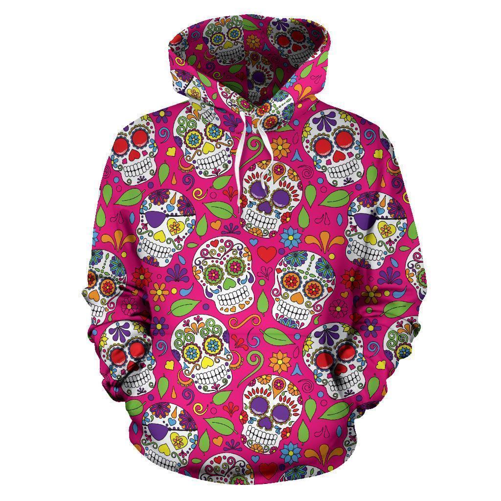 Pink Sugar Skull Pattern Print Pullover Hoodie