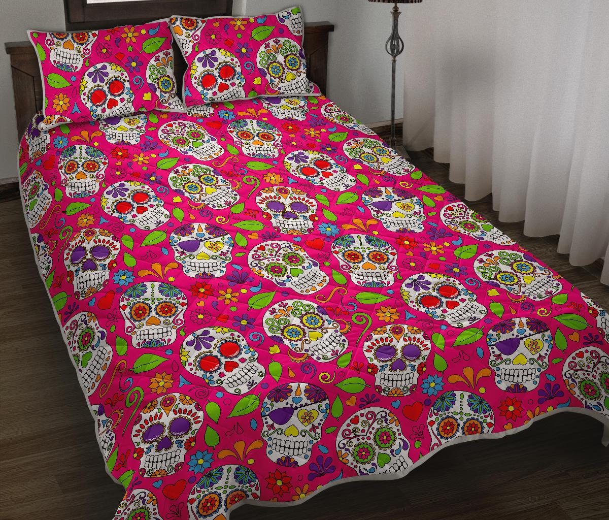 Pink Sugar Skull Pattern Print Quilt Bed Set