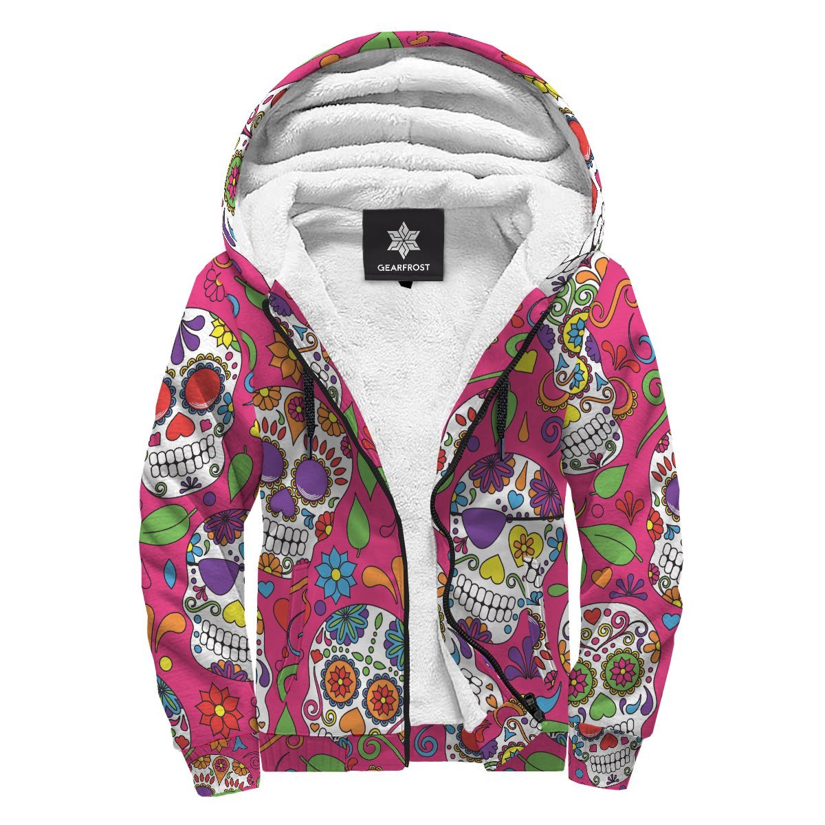 Pink Sugar Skull Pattern Print Sherpa Lined Fleece Hoodie