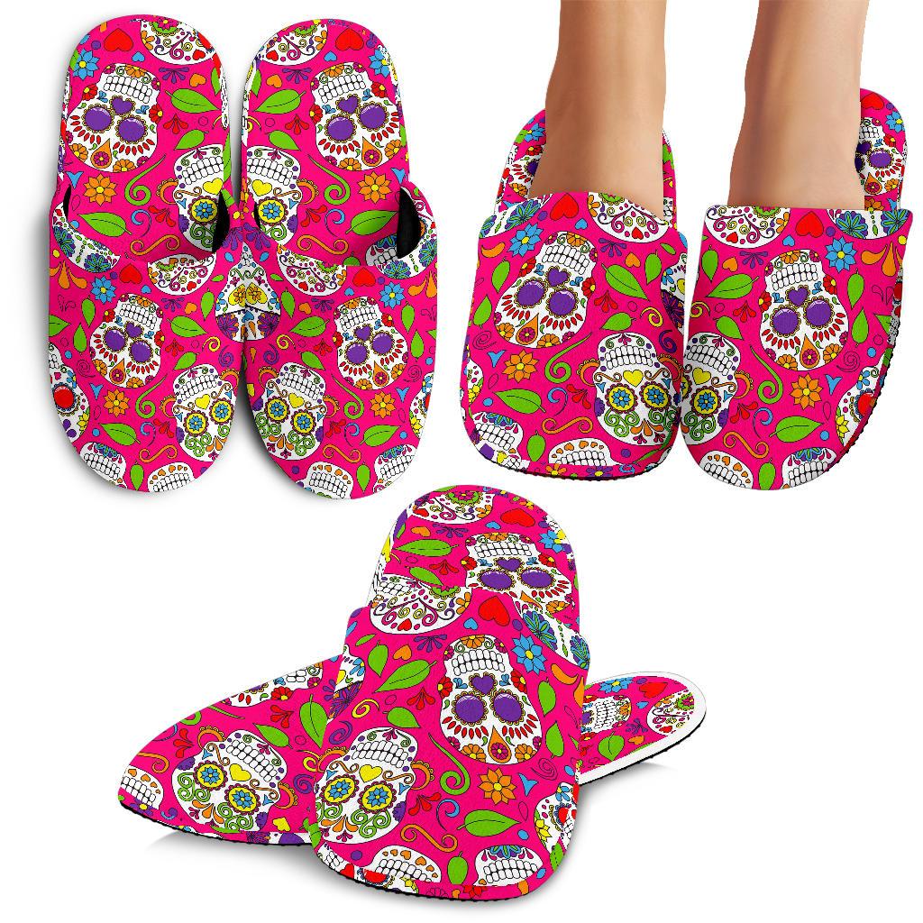 Pink Sugar Skull Pattern Print Slippers