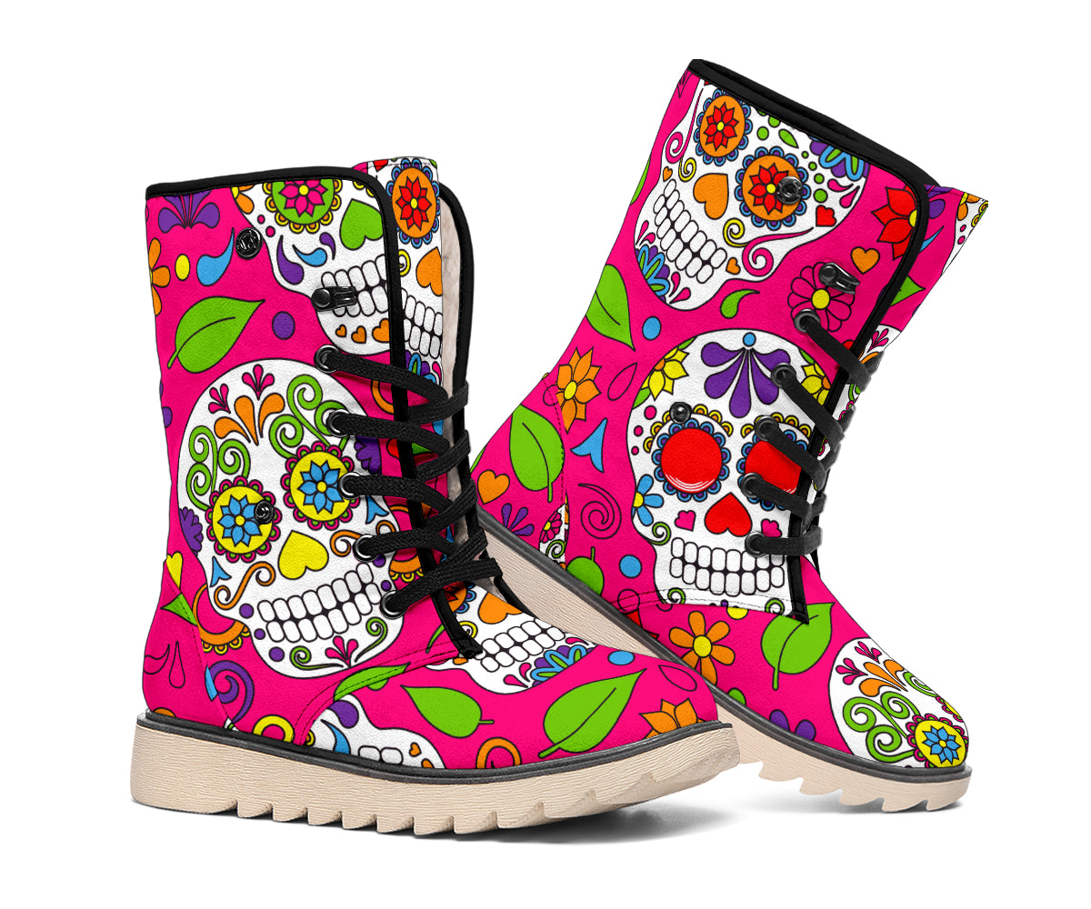 Pink Sugar Skull Pattern Print Winter Boots