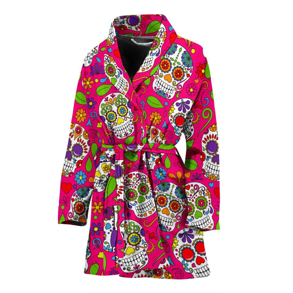 Pink Sugar Skull Pattern Print Women's Bathrobe