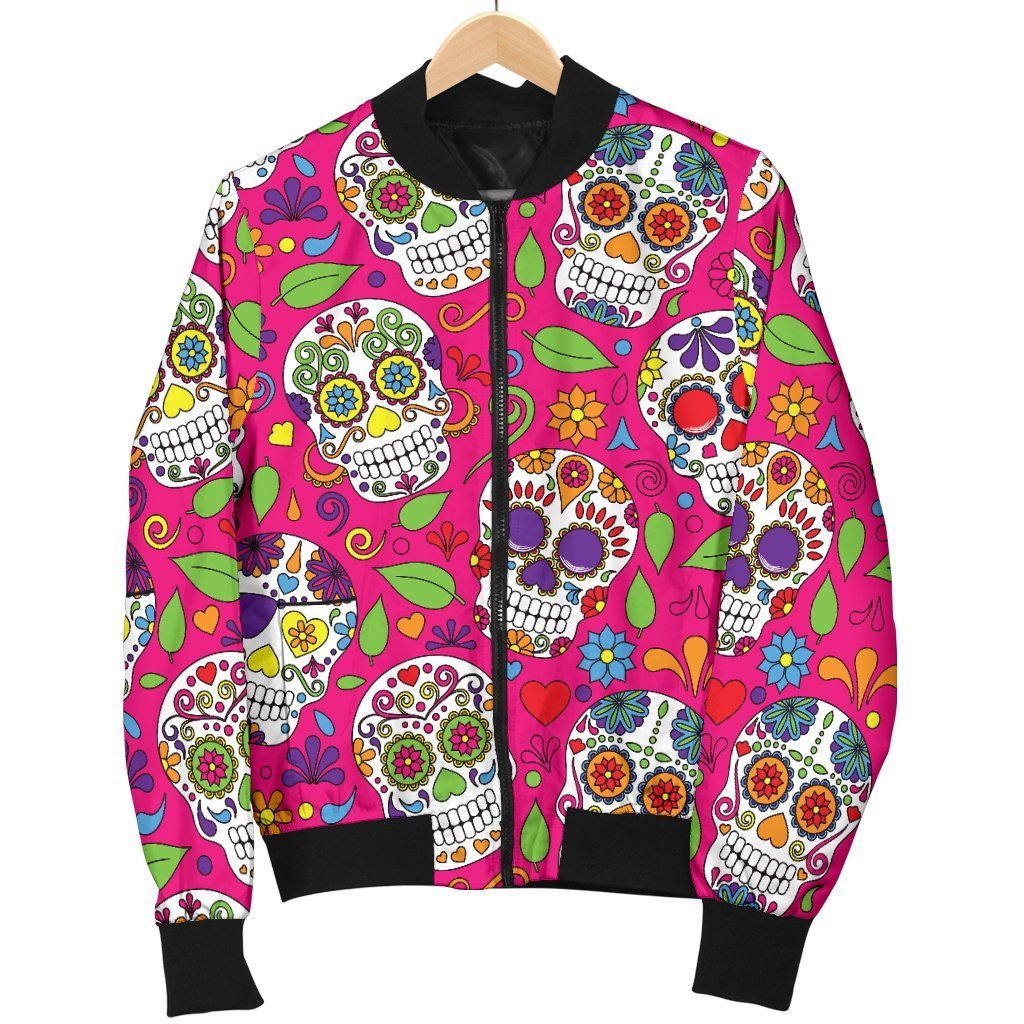 Pink Sugar Skull Pattern Print Women's Bomber Jacket