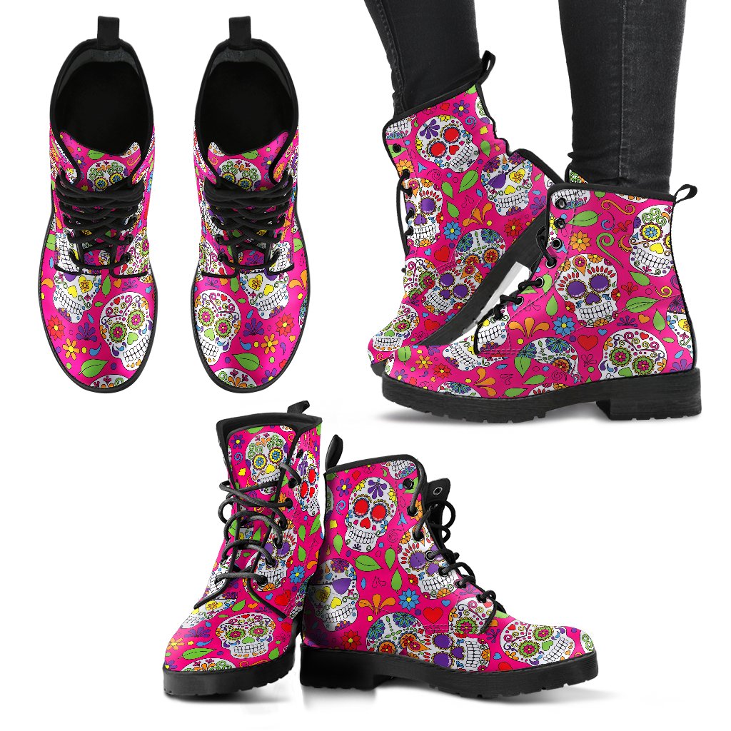 Pink Sugar Skull Pattern Print Women's Boots