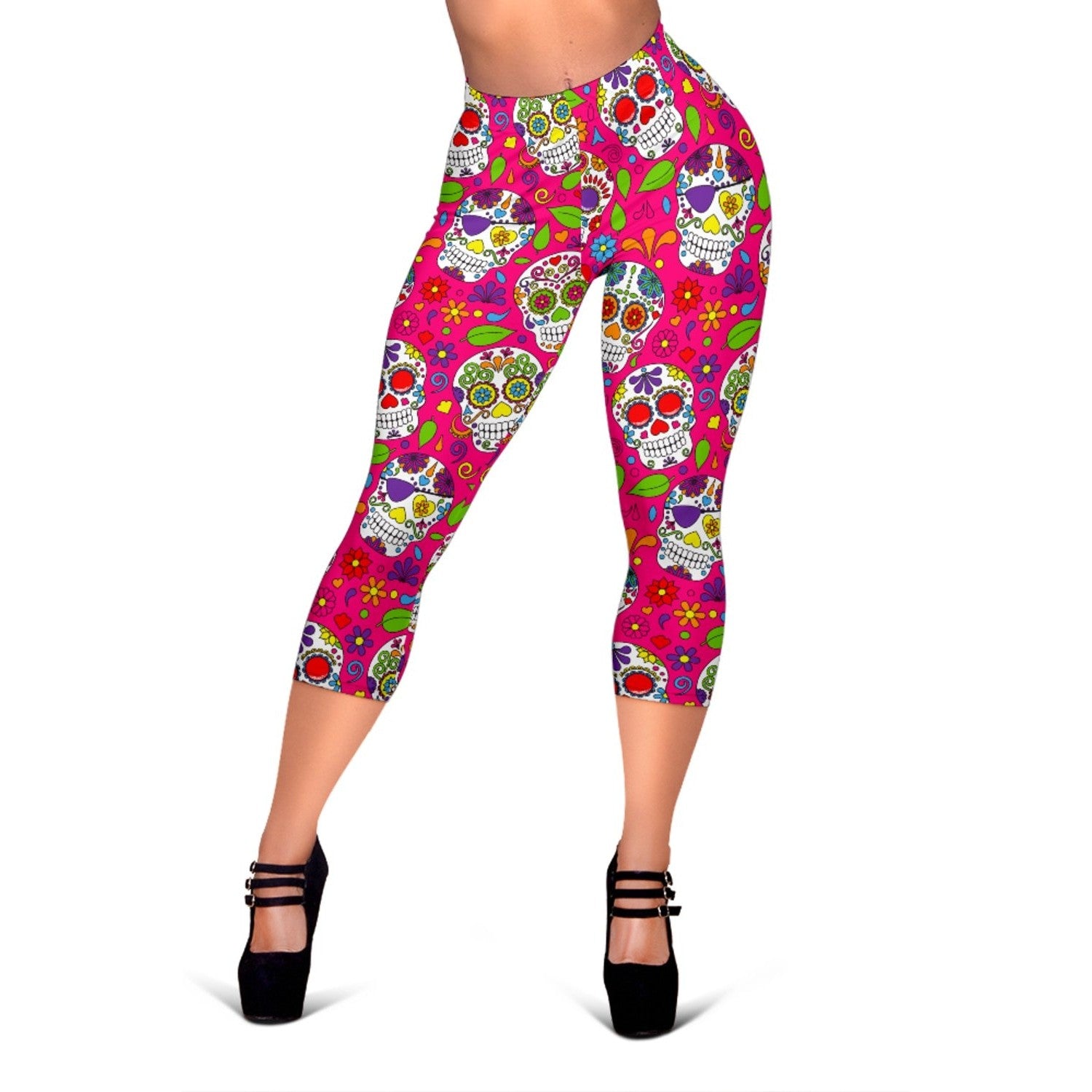 Pink Sugar Skull Pattern Print Women's Capri Leggings