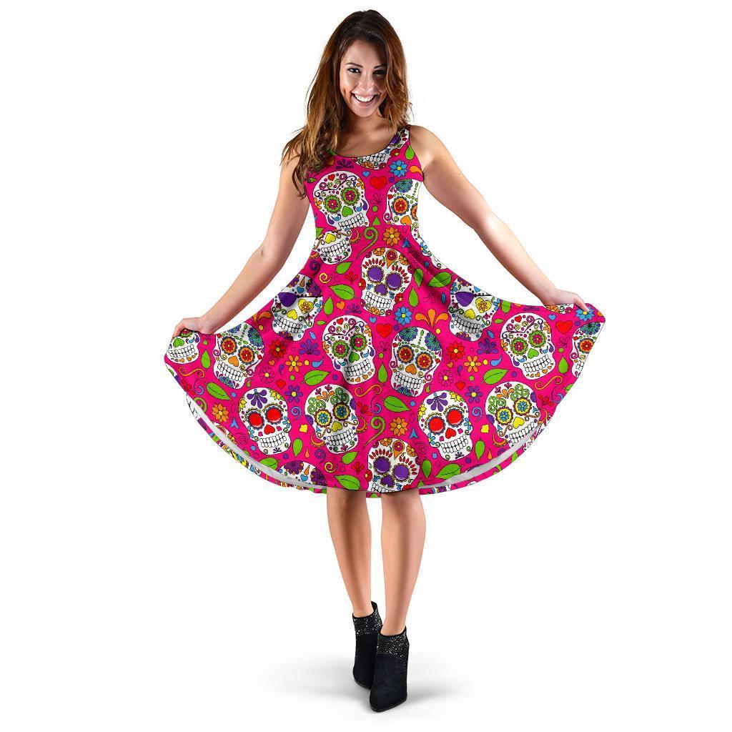 Pink Sugar Skull Pattern Print Women's Dress