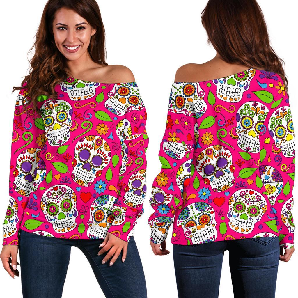 Pink Sugar Skull Pattern Print Women's Off-Shoulder Sweatshirt