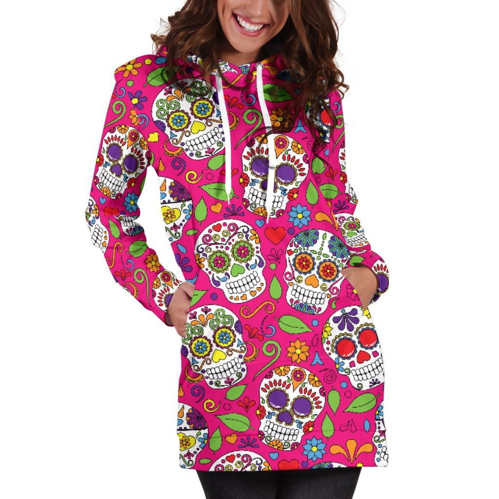 Pink Sugar Skull Pattern Print Women's Pullover Hoodie Dress