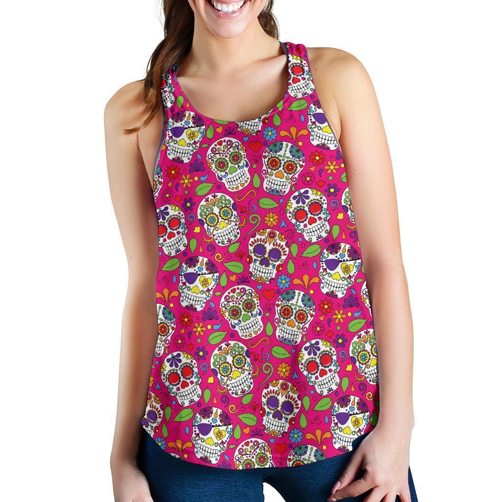 Pink Sugar Skull Pattern Print Women's Racerback Tank Top