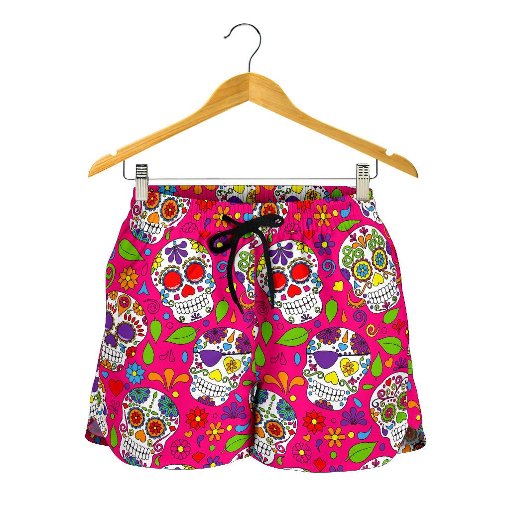 Pink Sugar Skull Pattern Print Women's Shorts