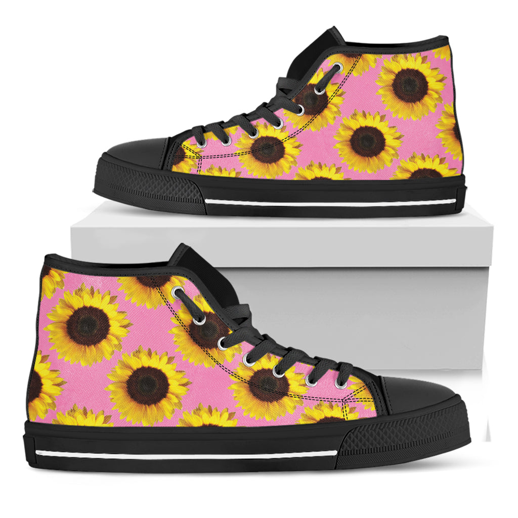 Pink Sunflower Pattern Print Black High Top Shoes