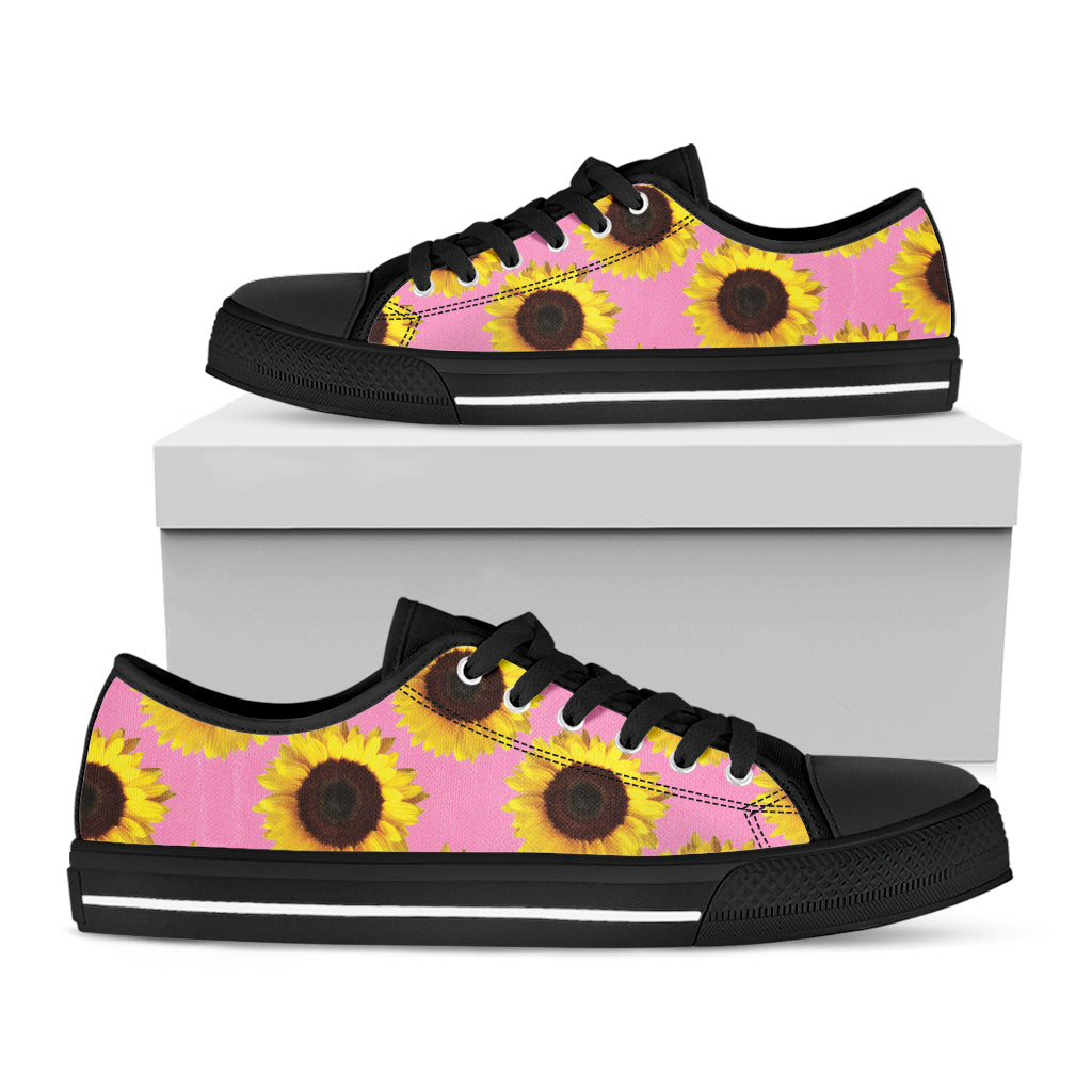 Pink Sunflower Pattern Print Black Low Top Shoes