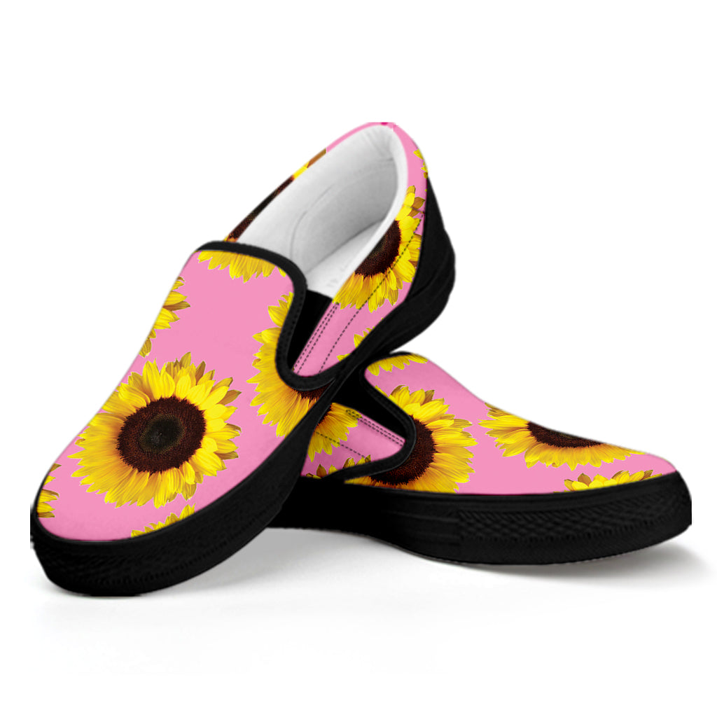 Pink Sunflower Pattern Print Black Slip On Shoes