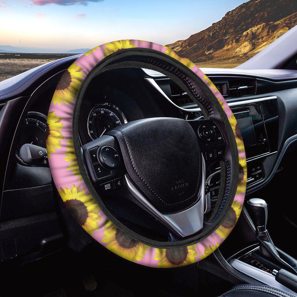 Pink Sunflower Pattern Print Car Steering Wheel Cover