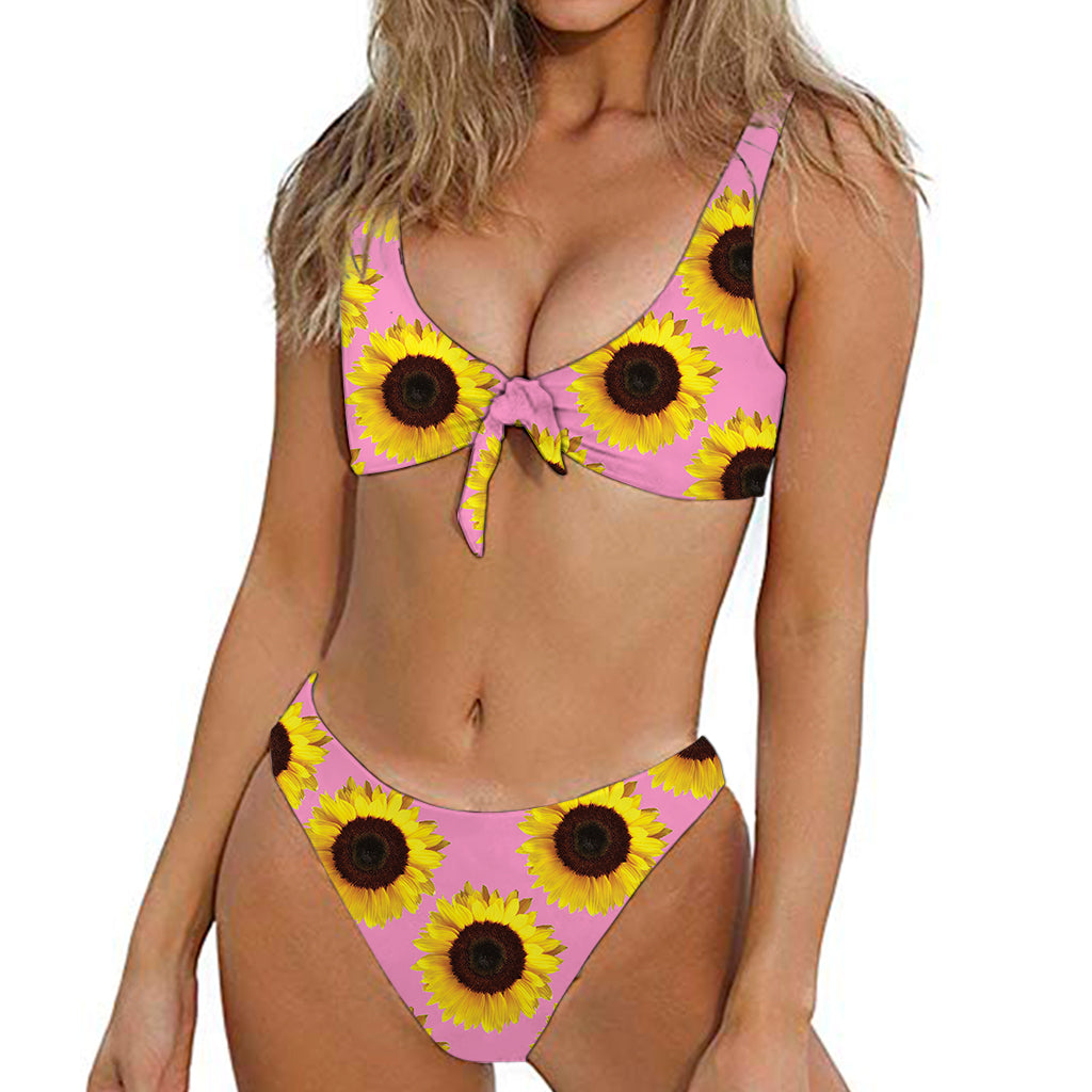 Pink Sunflower Pattern Print Front Bow Tie Bikini