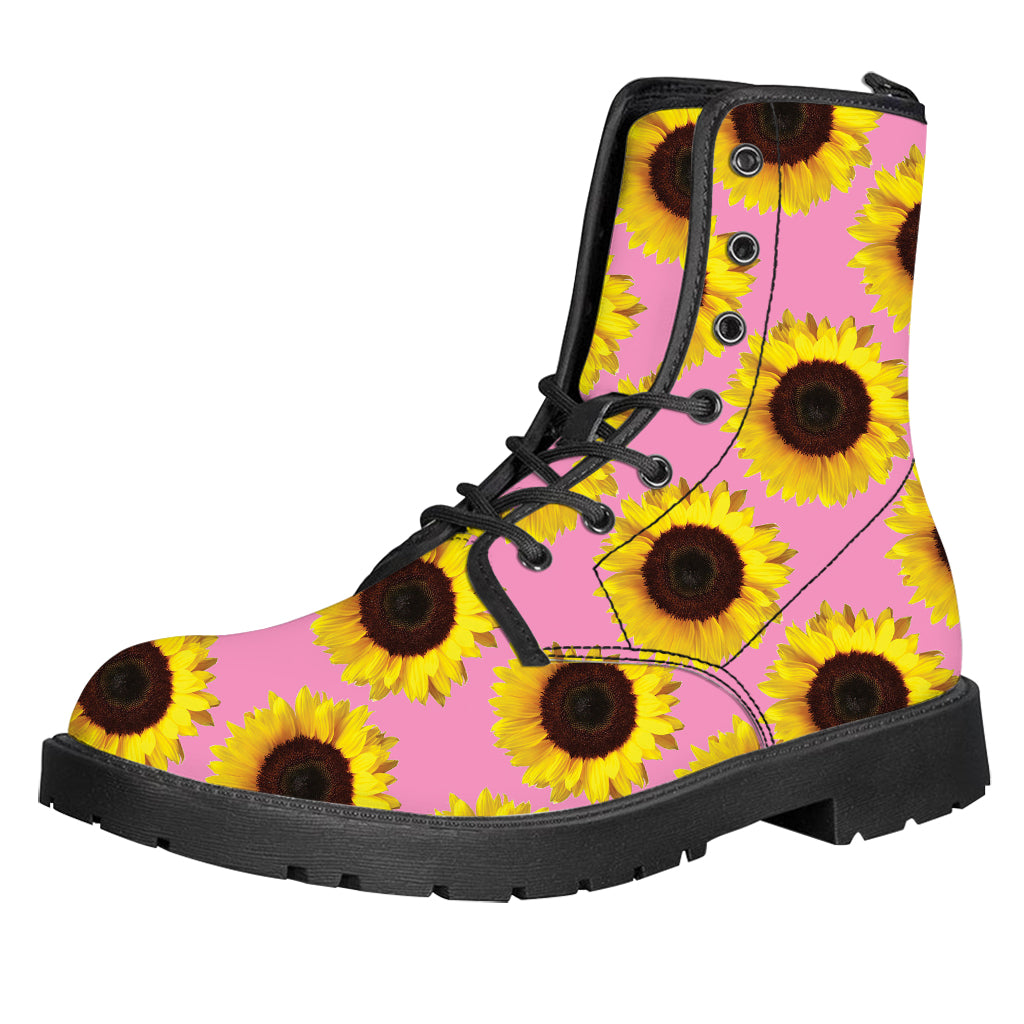 Pink Sunflower Pattern Print Leather Boots