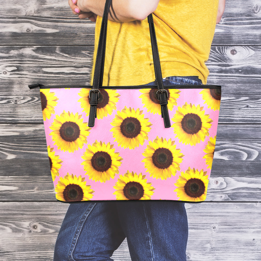 Pink Sunflower Pattern Print Leather Tote Bag