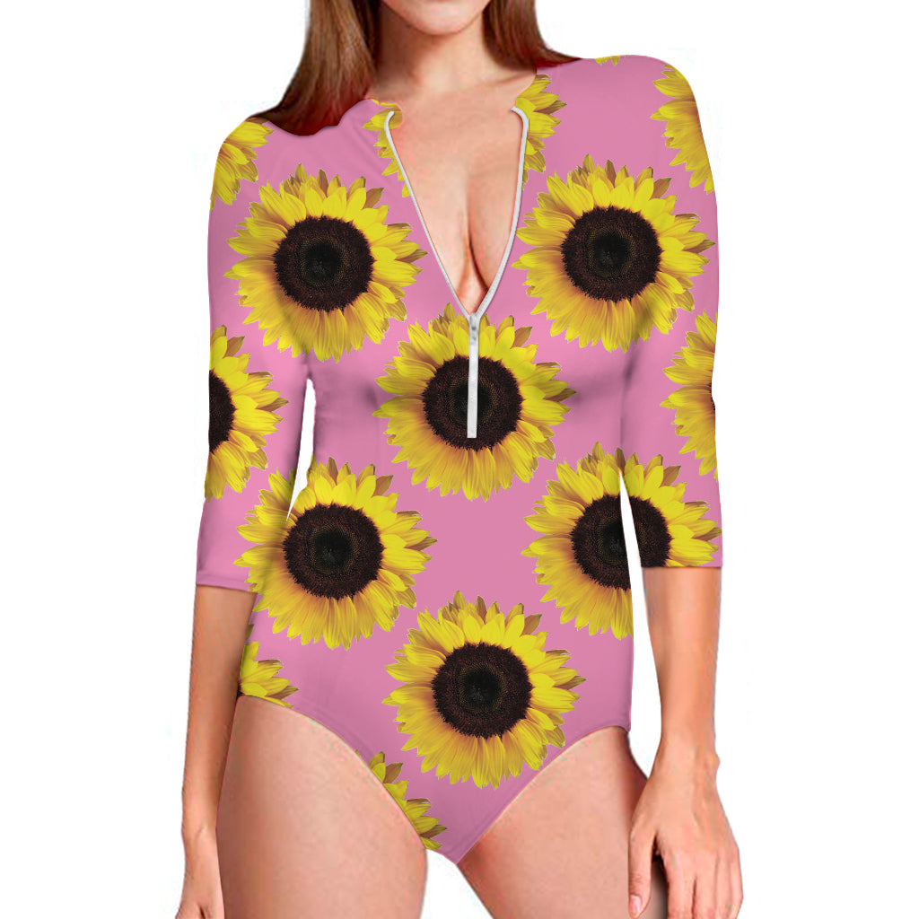 Pink Sunflower Pattern Print Long Sleeve One Piece Swimsuit