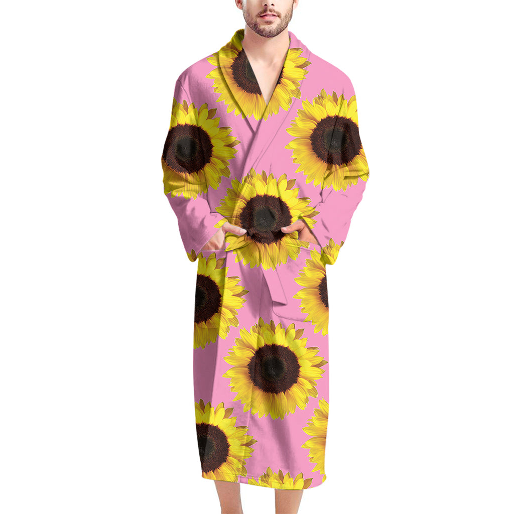 Pink Sunflower Pattern Print Men's Bathrobe