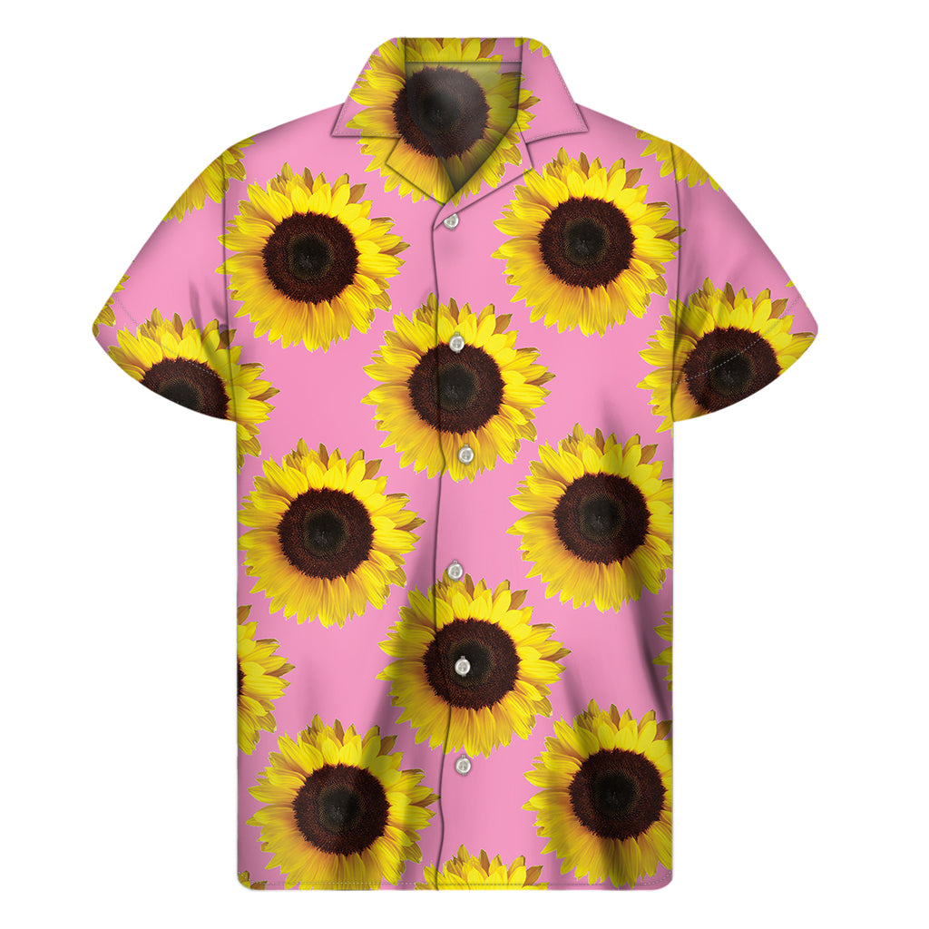 Pink Sunflower Pattern Print Men's Short Sleeve Shirt