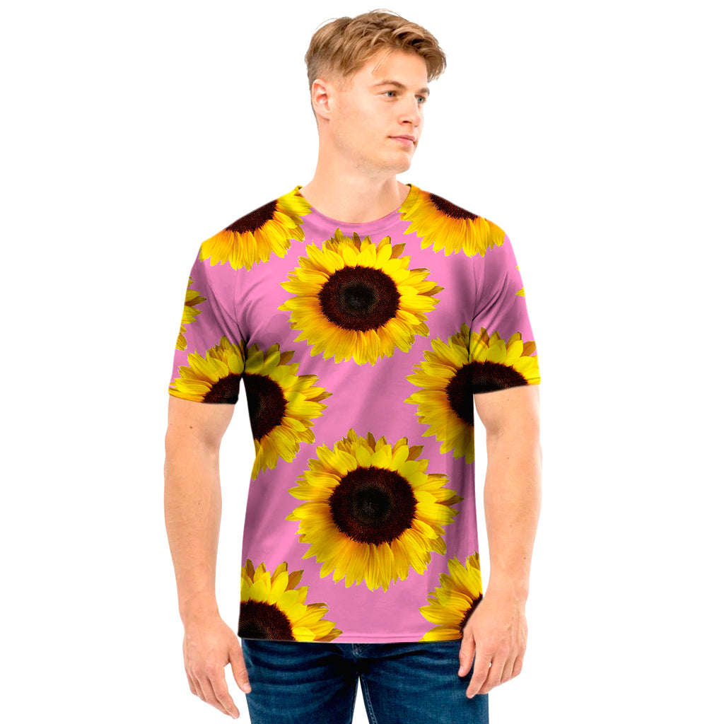 Pink Sunflower Pattern Print Men's T-Shirt