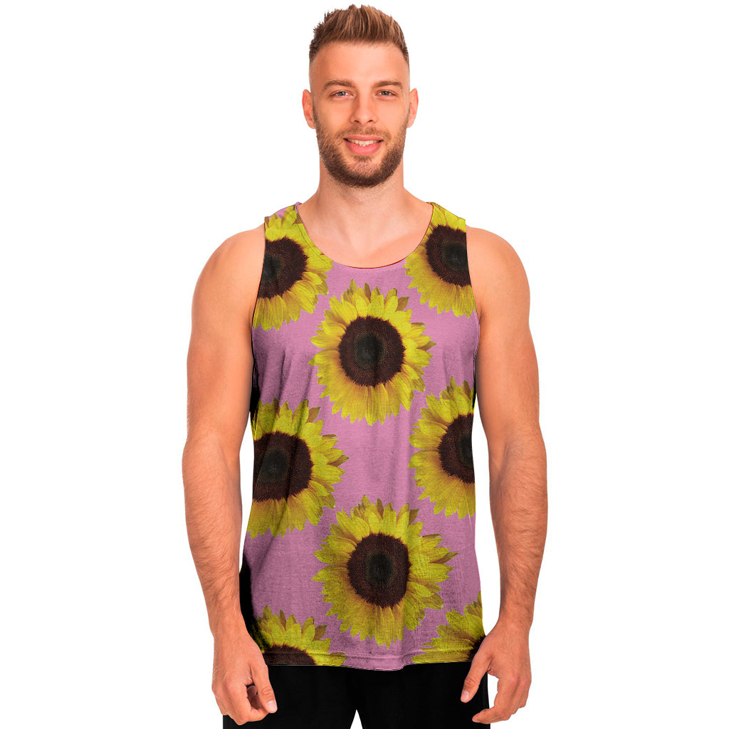 Pink Sunflower Pattern Print Men's Tank Top