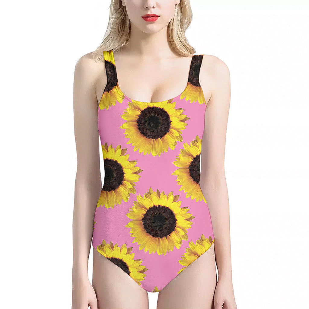 Pink Sunflower Pattern Print One Piece Halter Neck Swimsuit