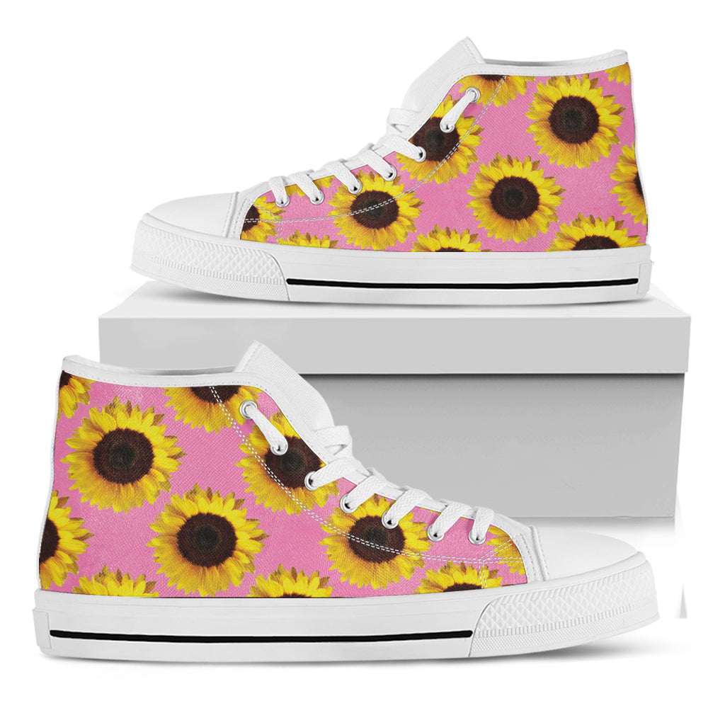 Pink Sunflower Pattern Print White High Top Shoes