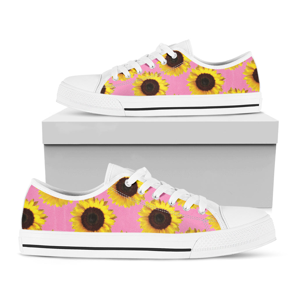 Pink Sunflower Pattern Print White Low Top Shoes