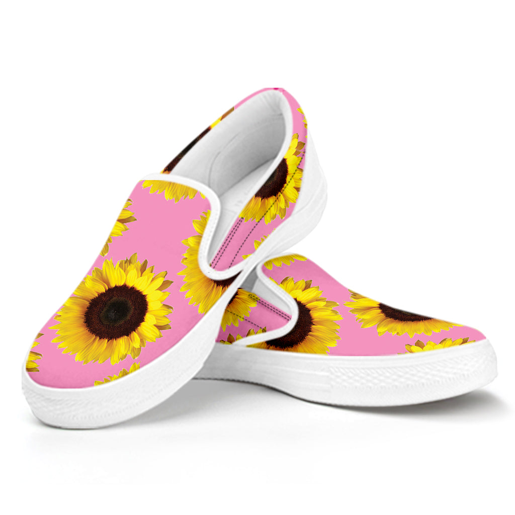 Pink Sunflower Pattern Print White Slip On Shoes