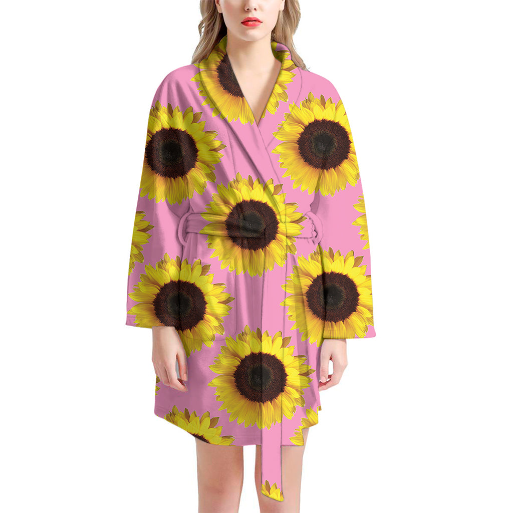 Pink Sunflower Pattern Print Women's Bathrobe