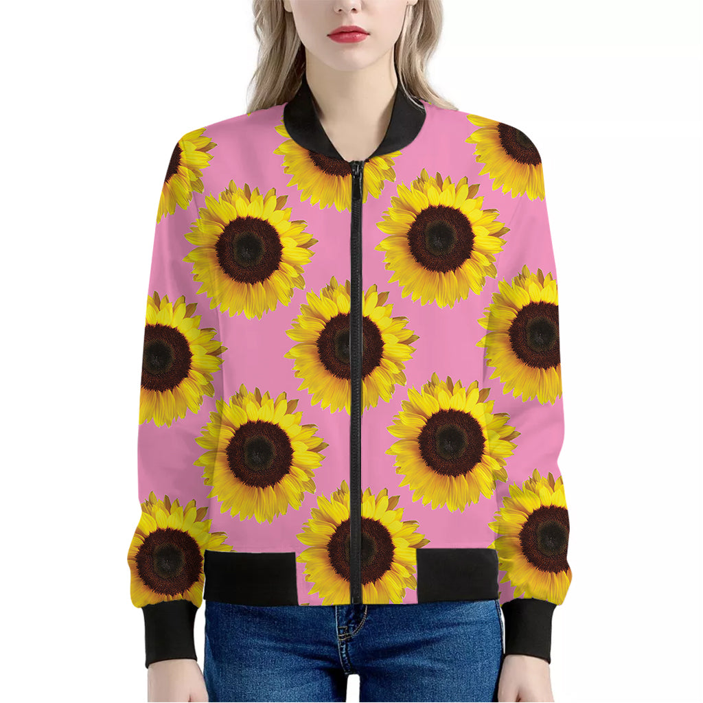 Pink Sunflower Pattern Print Women's Bomber Jacket