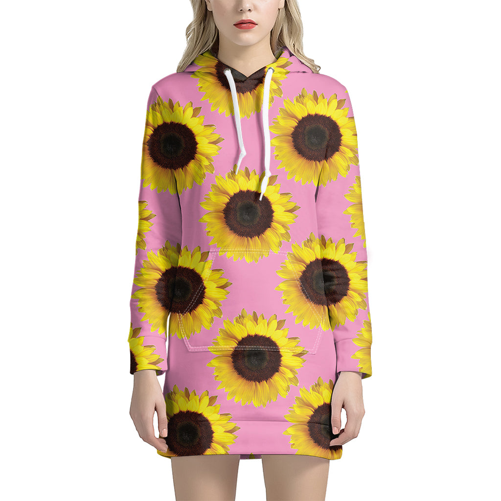 Pink Sunflower Pattern Print Women's Pullover Hoodie Dress