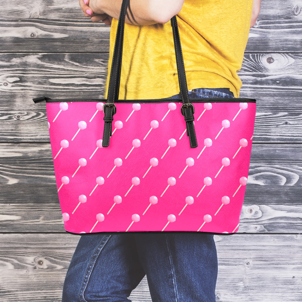 Pink Sweet Lollipop Pattern Print Leather Tote Bag